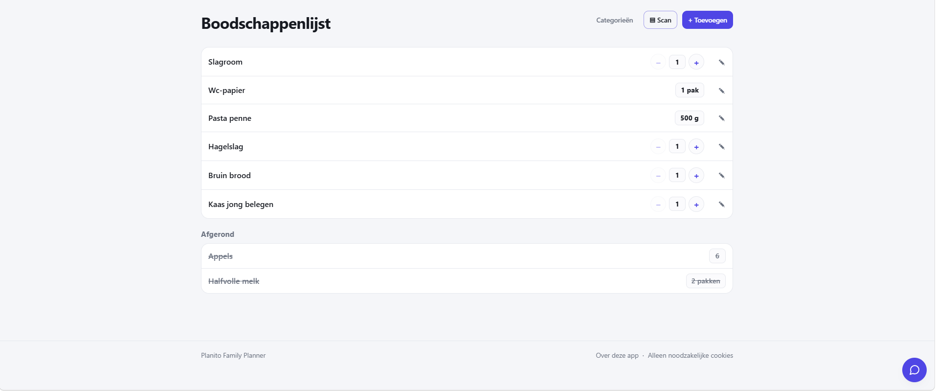 De lijst: open items bovenaan, afgeronde boodschappen doorgestreept eronder.