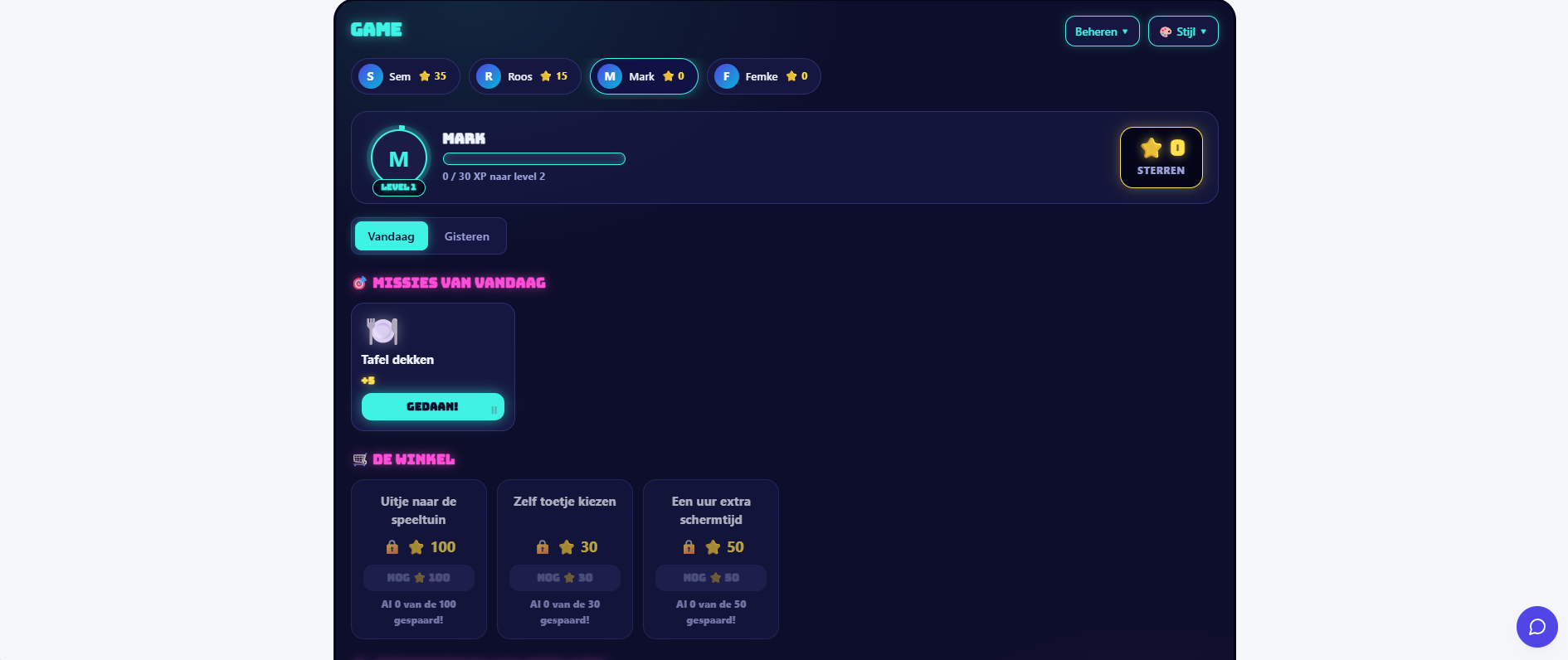 Dezelfde game in de Neon arcade-stijl: donker met glow, voor de oudere jeugd.