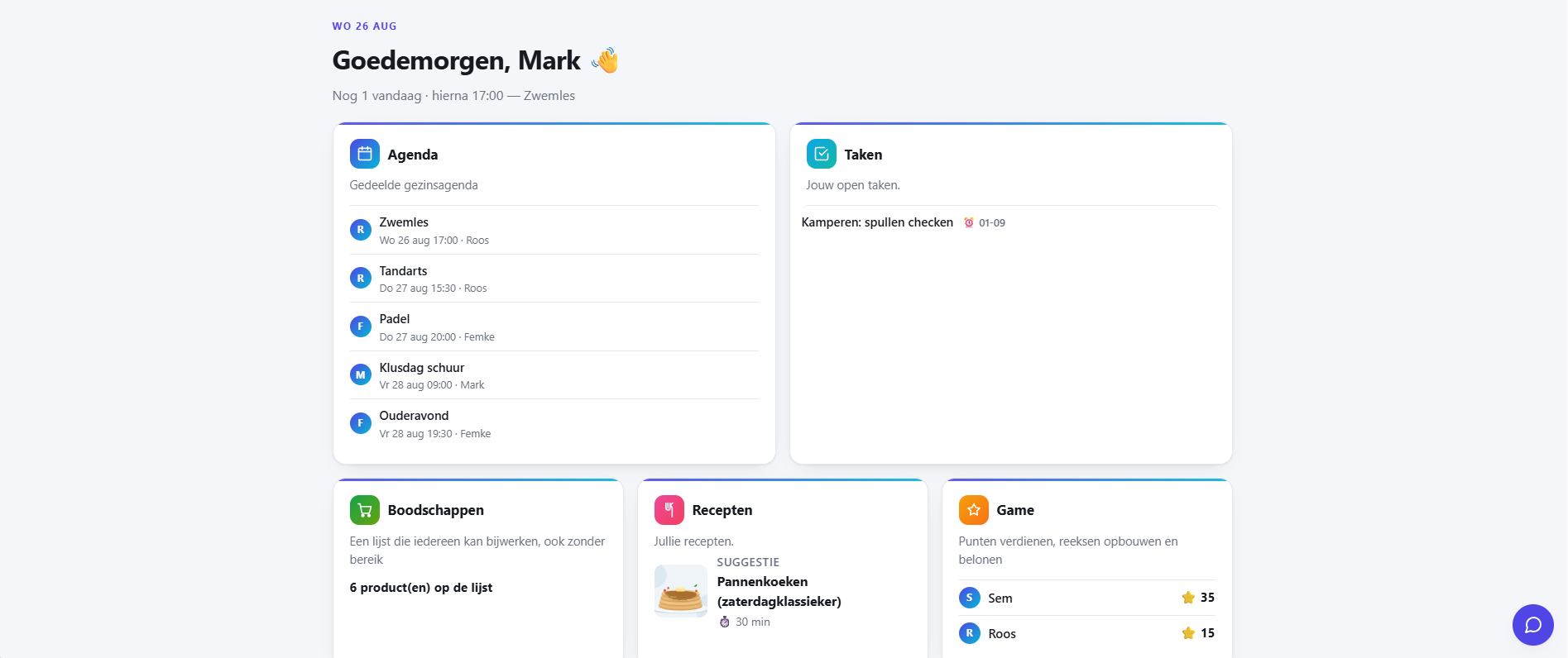 Het startscherm: een persoonlijke begroeting en de blokken die jij koos.