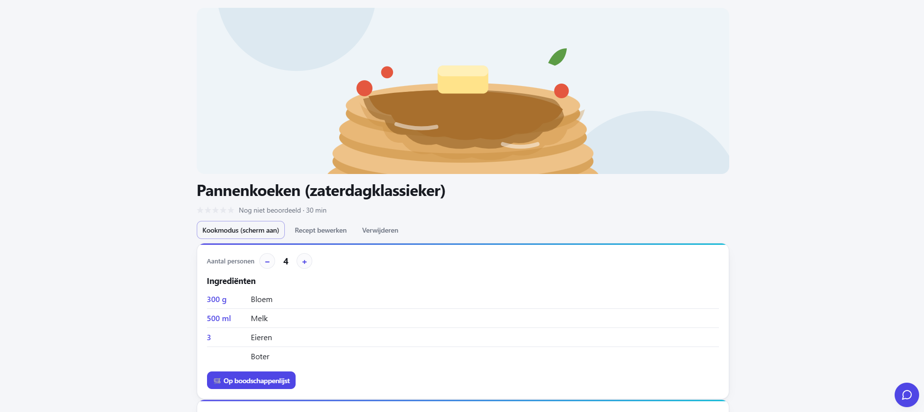 Een recept: porties schalen, ingrediënten en met één tik naar de boodschappen.